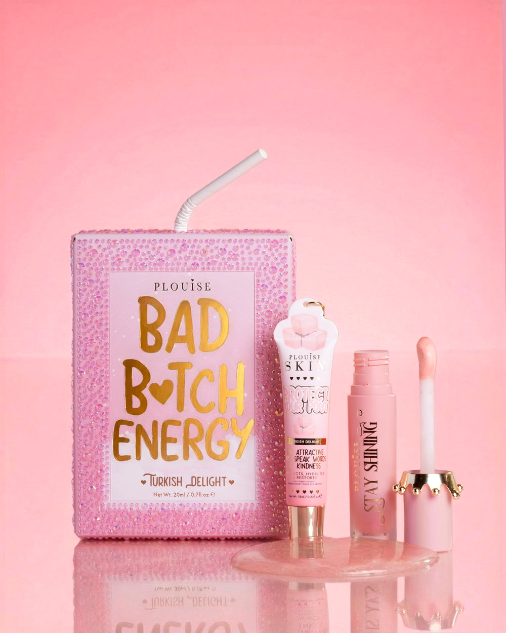 Roze P.Louise kristallen glitter bad bitch energielipduo in regenboogsorbet met een glanzende lipolie en lipconditioner