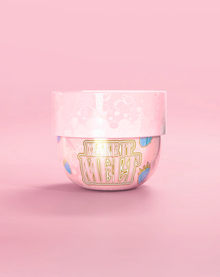 A tub of P. Louise Make It Melt Makeup Cleansing Balm in blue raspberry on a pink background
