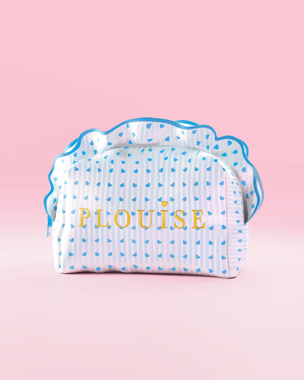 Blauw-wit gestreepte make-up- en huidverzorgingstas van P.Louise met ruches en een blauw frambozendessin