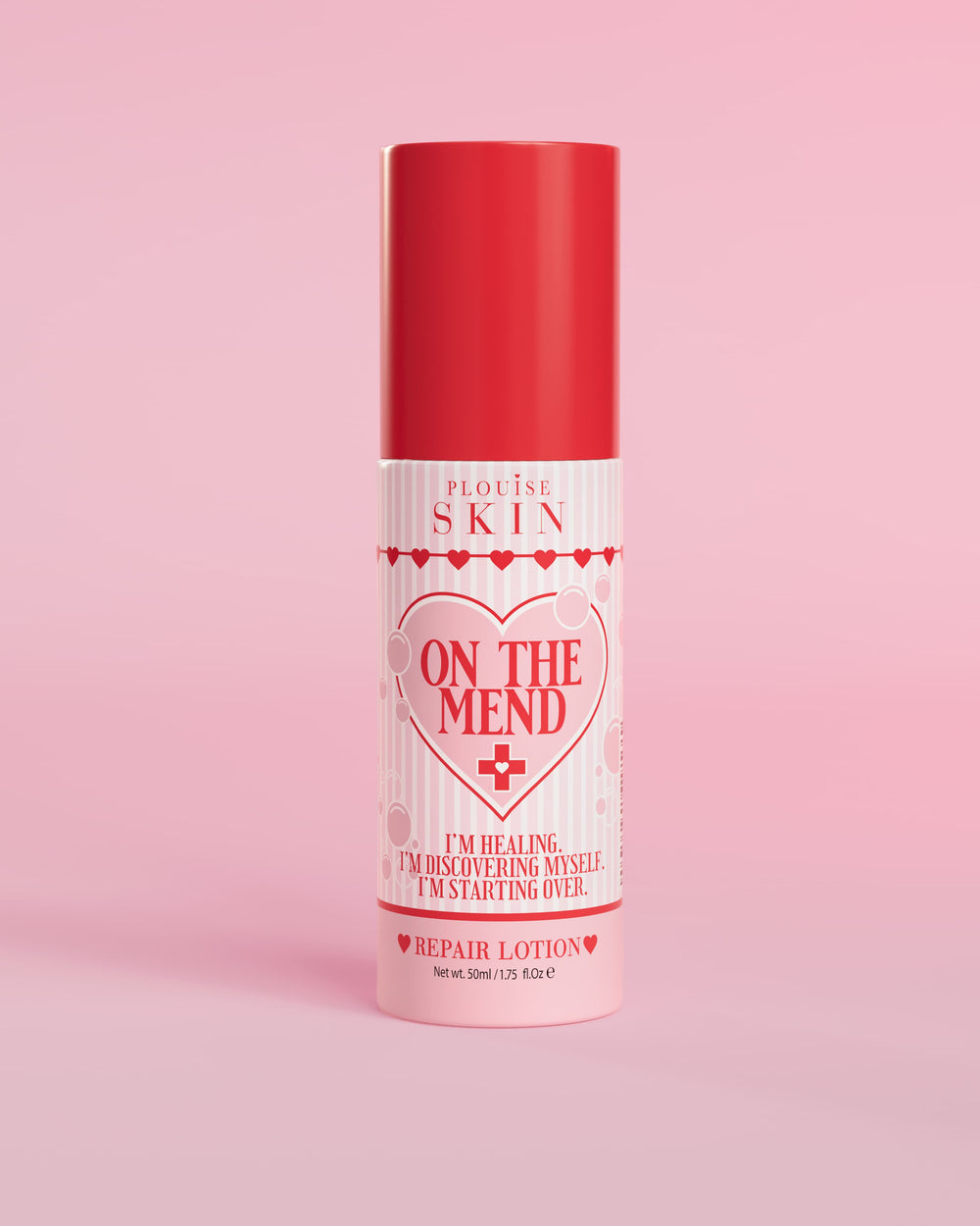 Pink and red bottle of P.Louise On The Mend Skin Barrier Repair Lotion