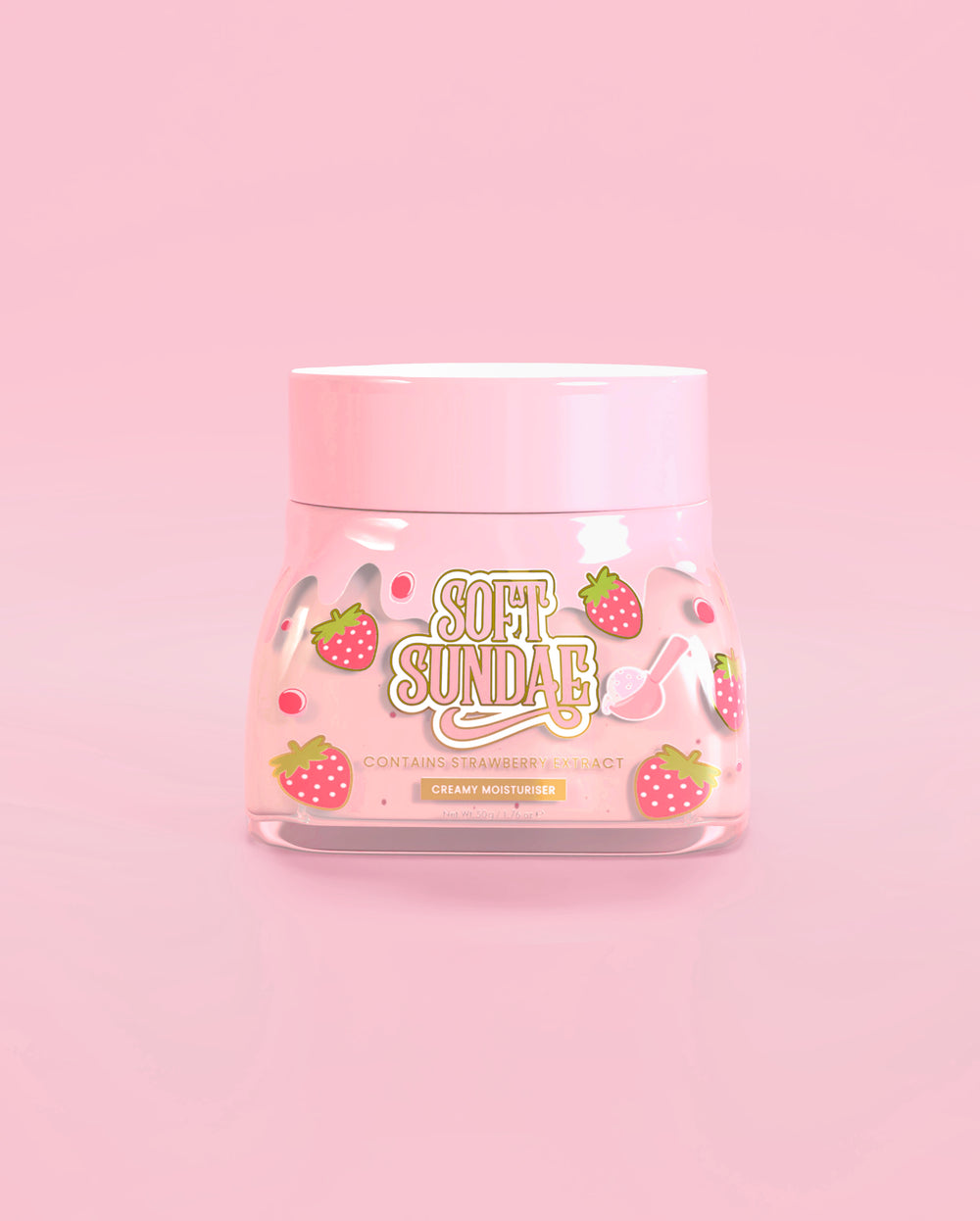 Pink jar of P. Louise soft sundae ice cream whipped moisturiser on a pink background