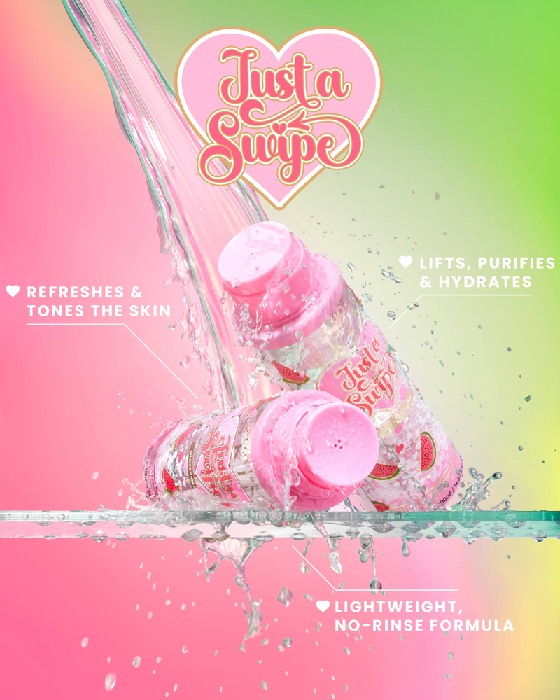 Bottles of P. Louise 'Just A Swipe' watermelon scented micellar water with water splashes on a pink and green background
