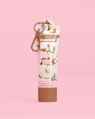 Tube of P. Louise A Helping Hand Hand Cream with a coconut design on a pink background
