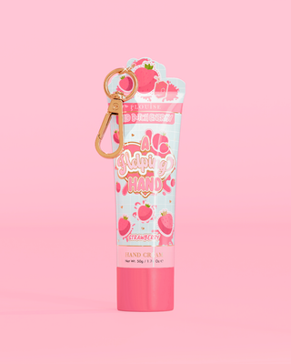 Tube of P. Louise A Helping Hand Hand Cream with a strawberry design on a pink background