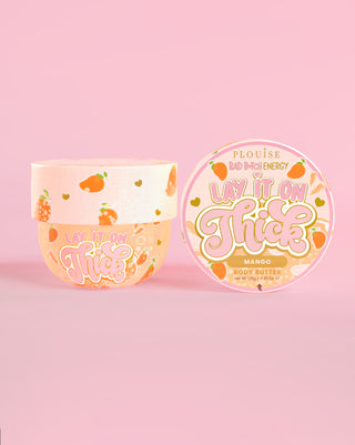 Tub of P. Louise 'Lay It On Thick' mango body butter on a pink background