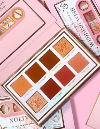 P.Louise Love Tapes Palette - Baecation, featuring 8 shades of eyeshadow including mattes and shimmers, presented on a pink background.