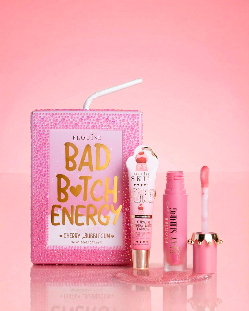 Pink P.Louise crystal glitter bad bitch energy lip duo in cherry bubblegum featuring a glossy lip oil and lip conditioner