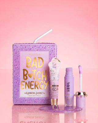 Purple P.Louise crystal glitter bad bitch energy lip duo in rainbow sherbet featuring a glossy lip oil and lip conditioner
