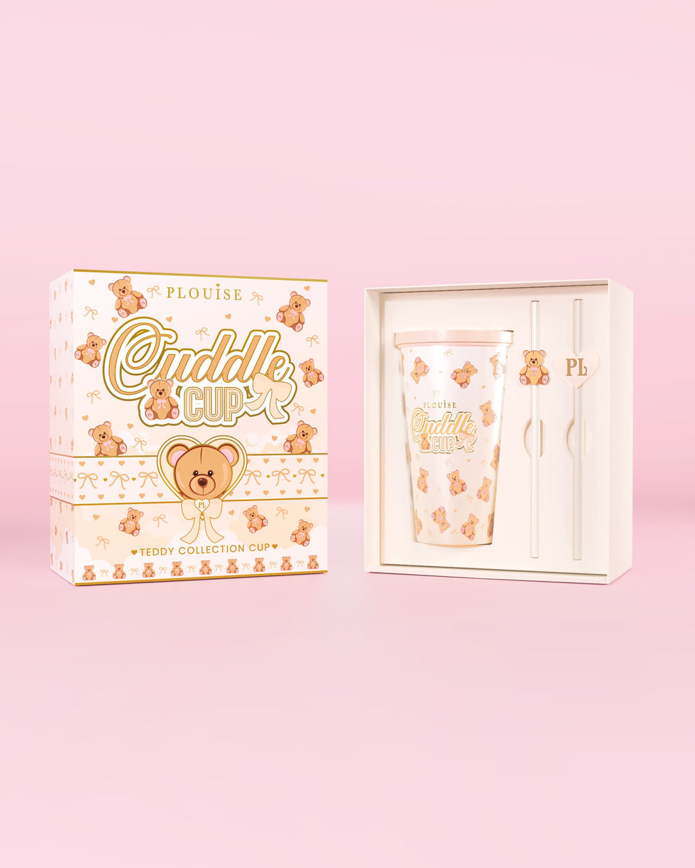 Image of the P.Louise Teddy Bear Steel Cuddle Cup Tumbler & Straw in packaging with a teddy print design
