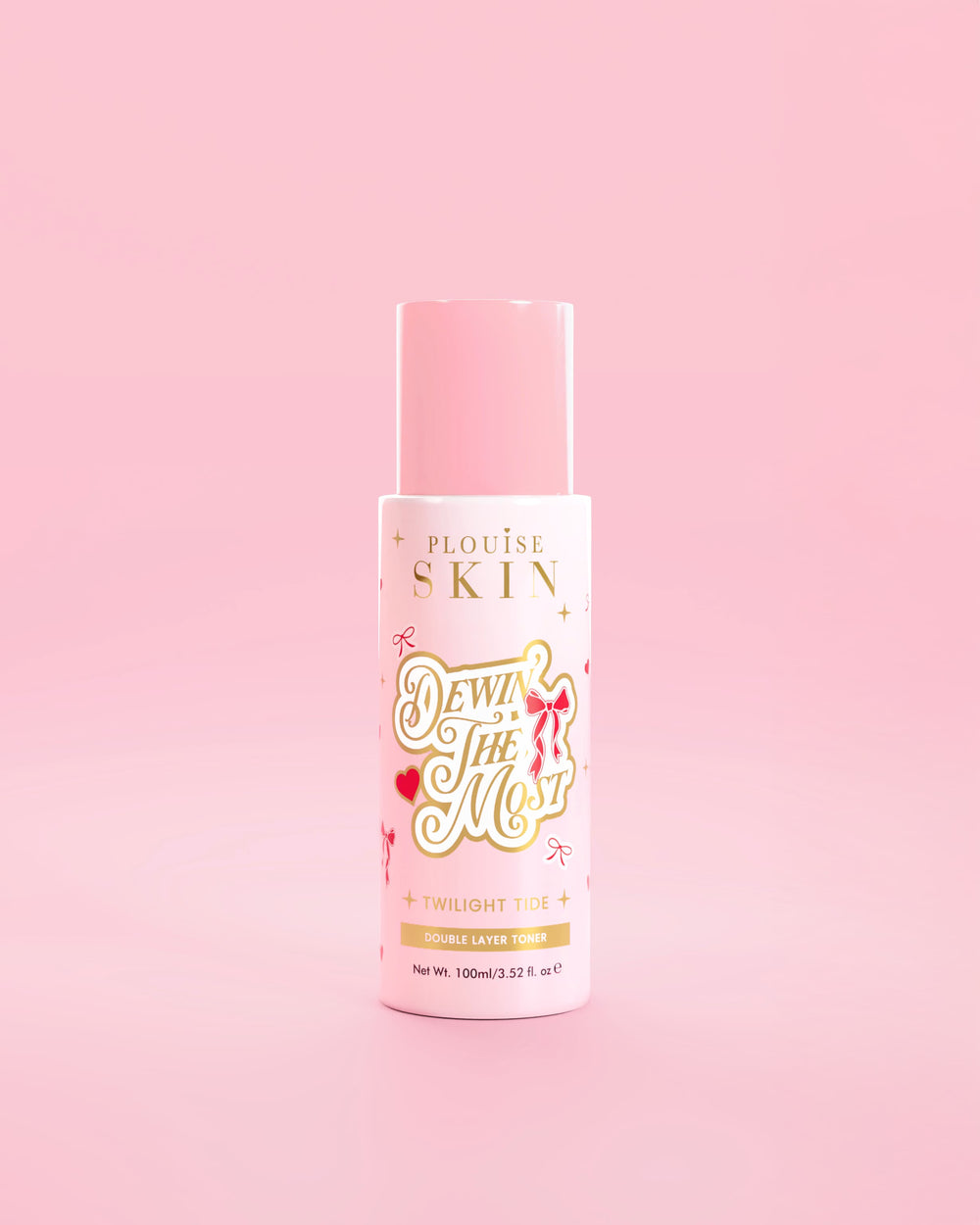 Pink P.Louise bottle of Dewing The Most Double Layer Toner with red bow designs against a pink background