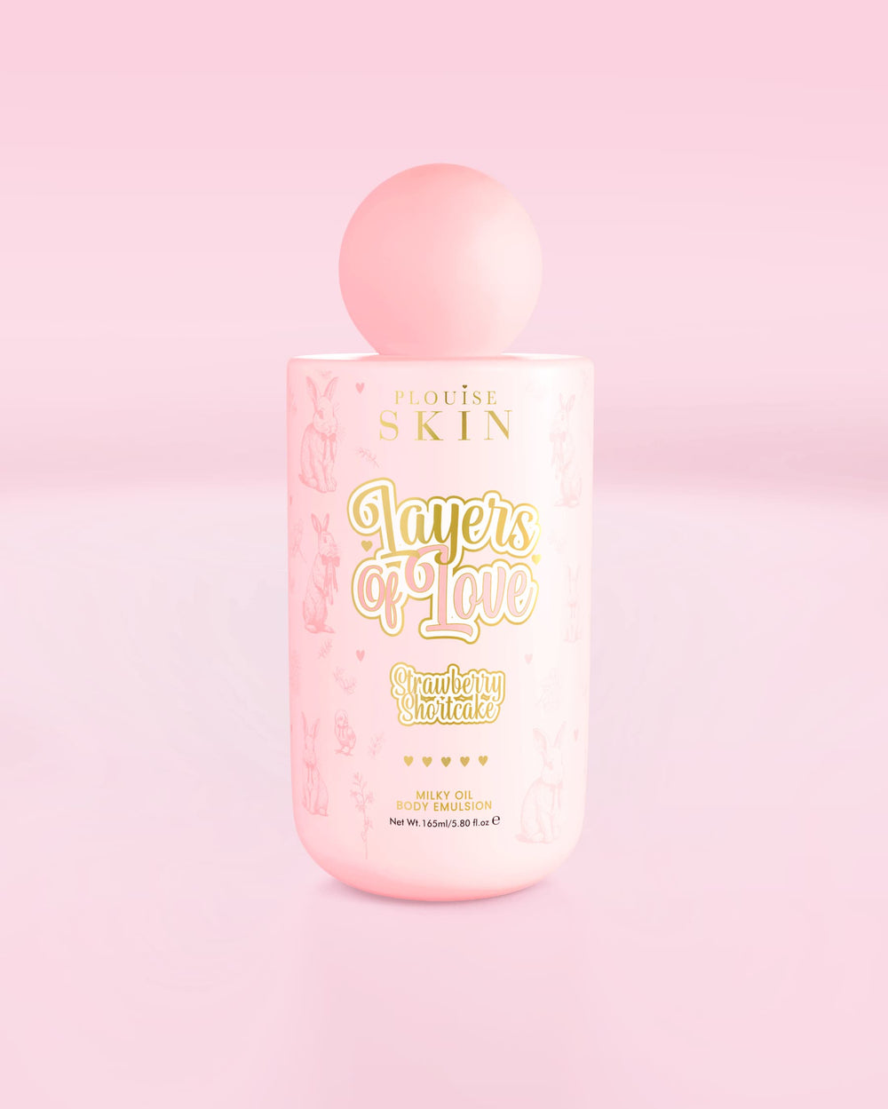 Pink bottle of P.Louise Layers Of Love Milky Oil Body Emulsion in strawberry shortcake scent