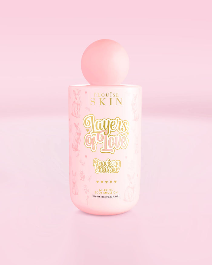 Pink bottle of P.Louise Layers Of Love Milky Oil Body Emulsion in strawberry shortcake scent