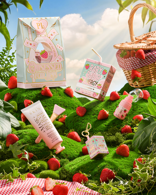 Strawberry P.Louise Obsessed For Bad Bitch full collection on a grassy hill surrounded by strawberries