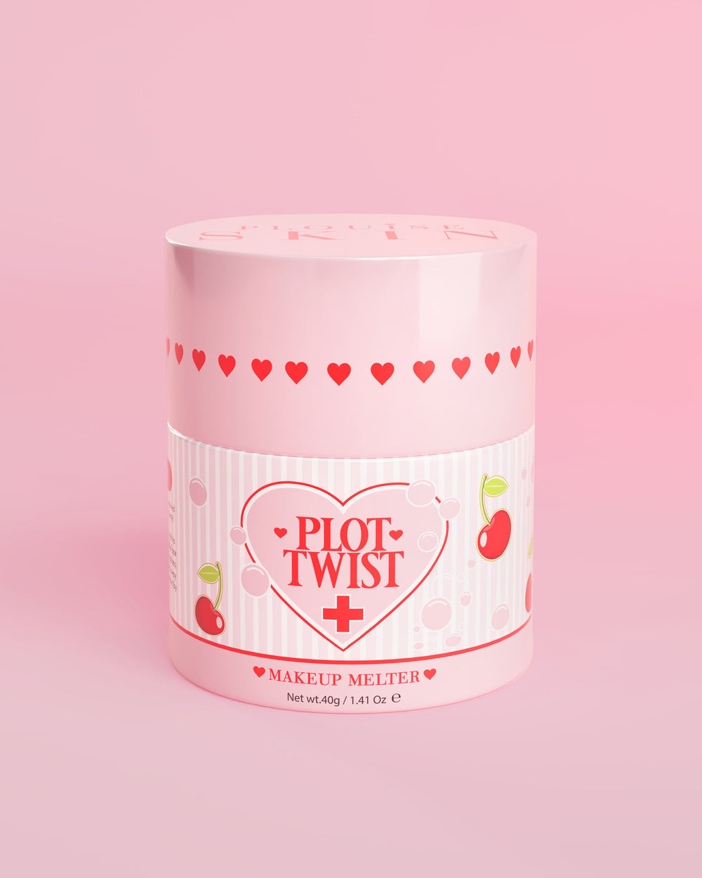 Een roze verpakking P.Louise Plot Twist Makeup Melting Cleansing Balm met hart- en kersenmotieven op het etiket tegen een roze achtergrond