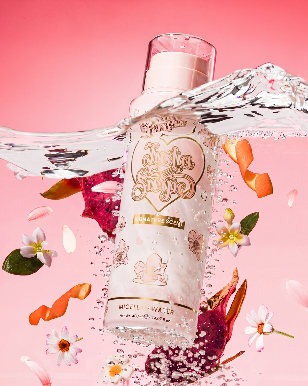 Bottle of P.Louise Signature Scent Micellar Water with floral elements on a pink background