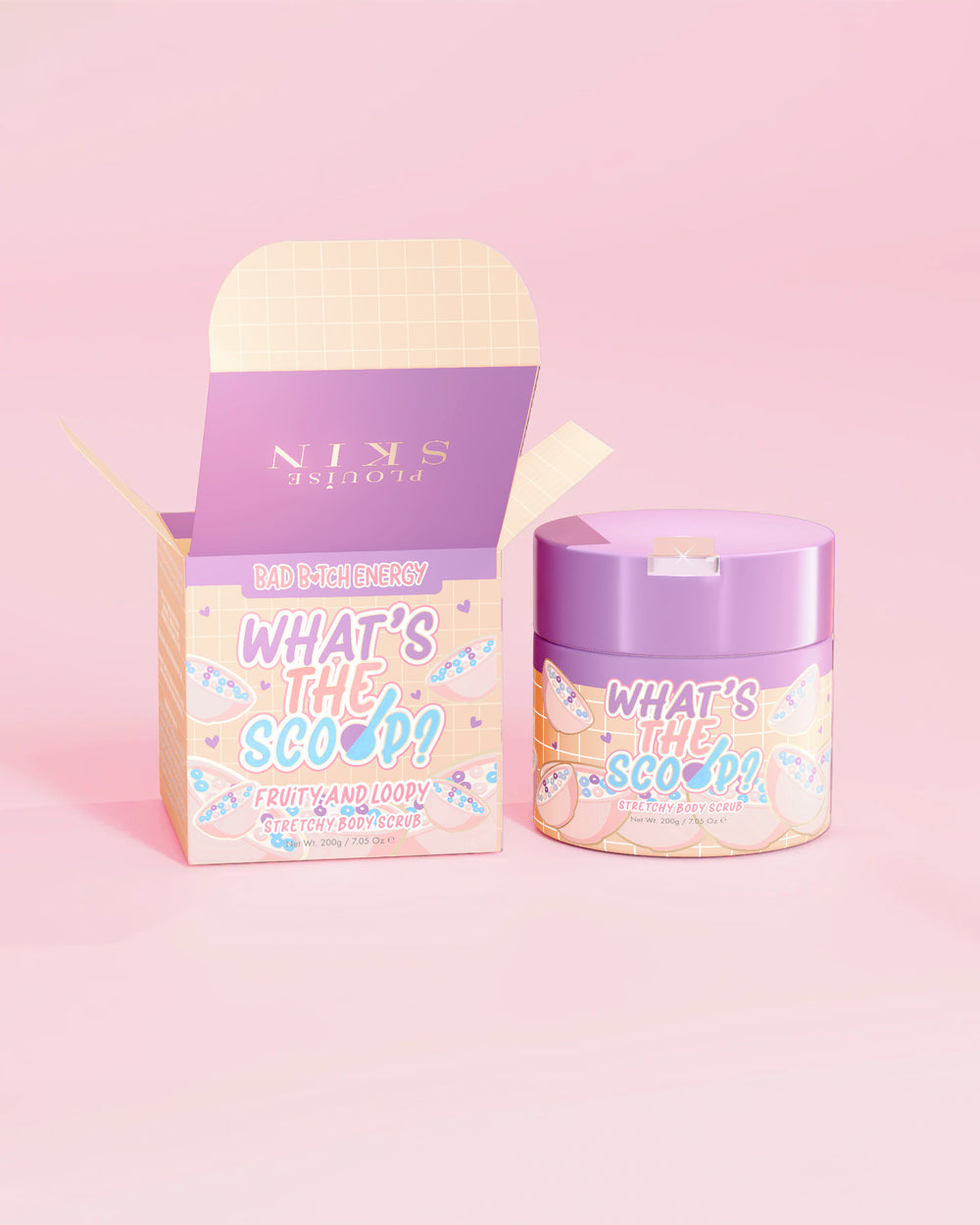 P.Louise 'What's the Scoop?' stretchy body scrub in fruity and loopy scent with a fruity loopy design packaging on a pink background