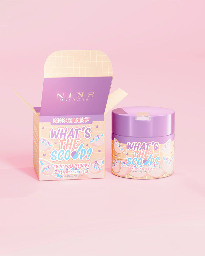 P.Louise 'Wat is de primeur?' rekbare bodyscrub in een fruitige en lusachtige geur met een fruitige, lusvormige designverpakking op een roze achtergrond