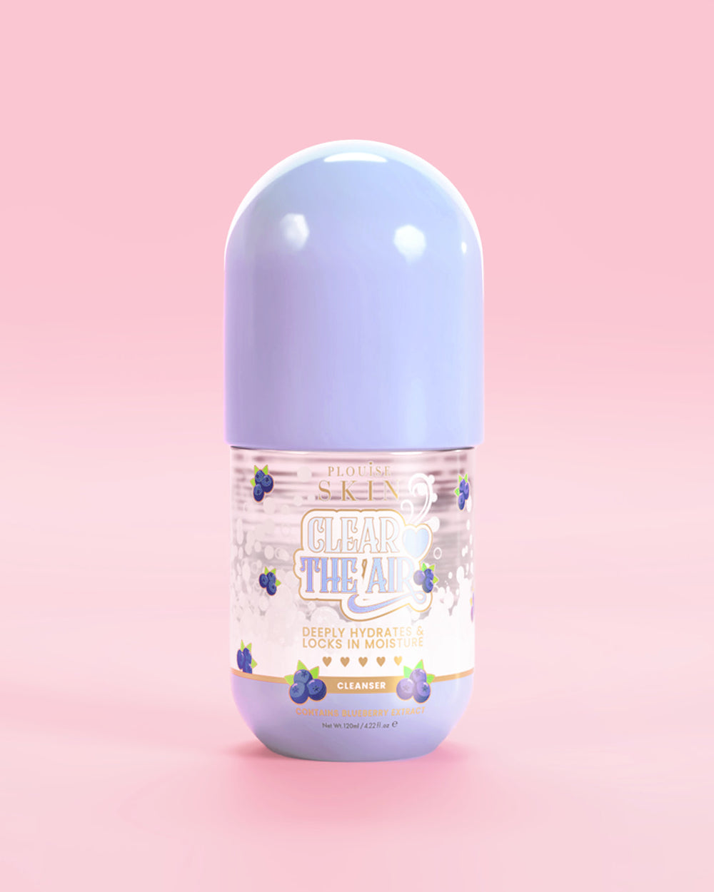 Fles P. Louise Clear The Air Blueberry Gel Cleanser op een roze achtergrond