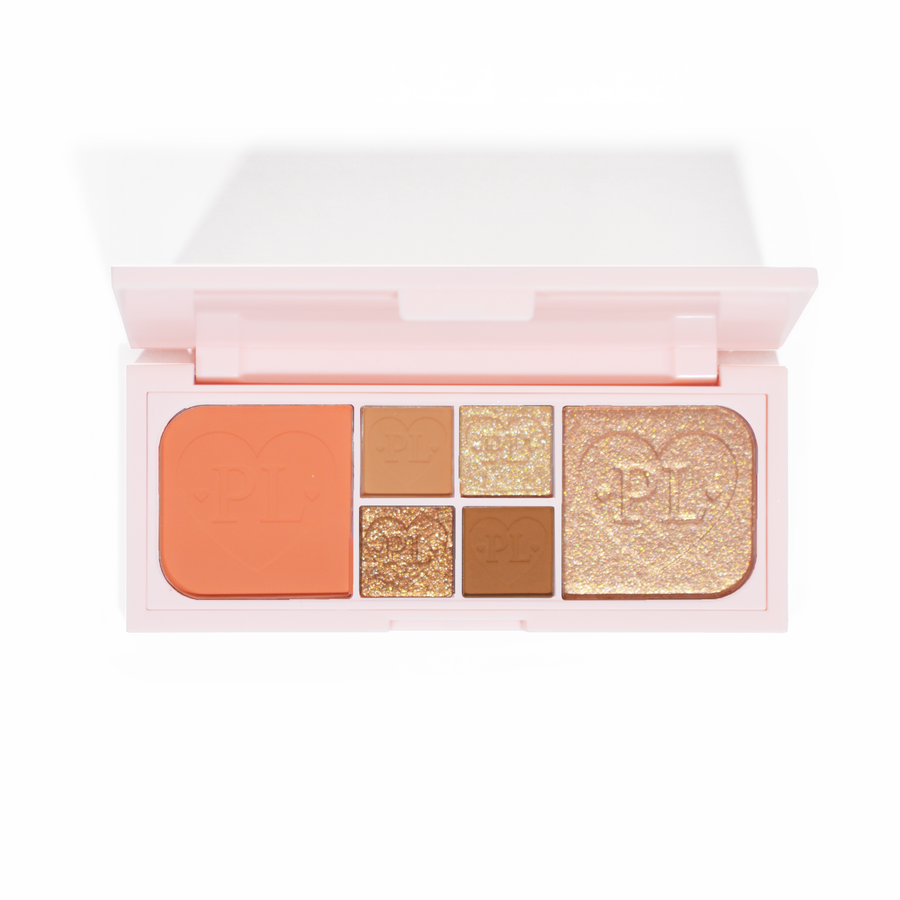 Een afbeelding van het P.Louise Fluffy Fantasy Mini Eyes & Face Palette met romige matte tinten en boterachtige glans in een reeks perzikkleurige en neutrale tinten