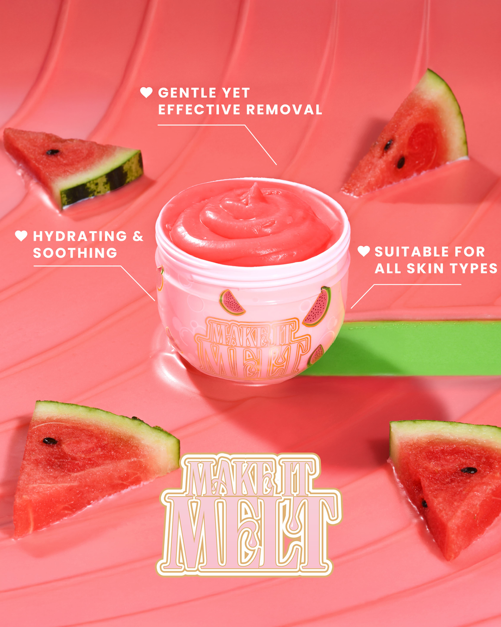 Open badkuip met P. Louise Make It Melt Makeup Removal Cleansing Balm in watermeloengeur met rode crème aan de binnenkant omringd door watermeloenen op een rode achtergrond